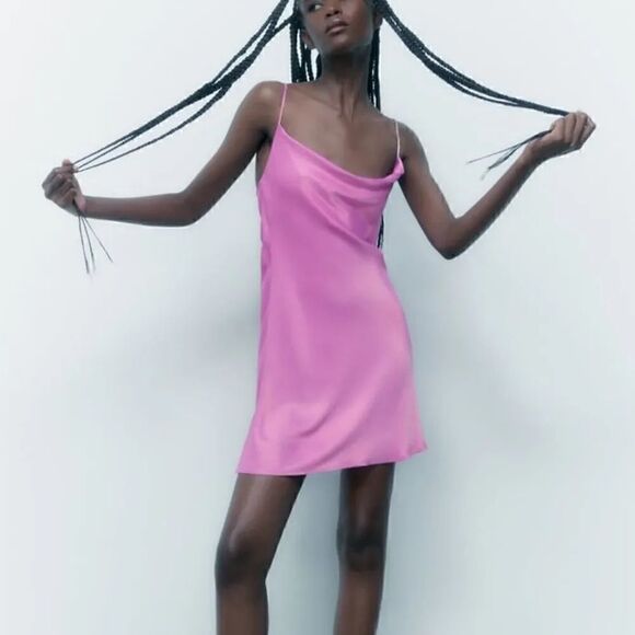 ZARA SATIN RHINESTONE STRAP SLIP DRESS Barbiecore Barbie Core - Picture 7 of 7